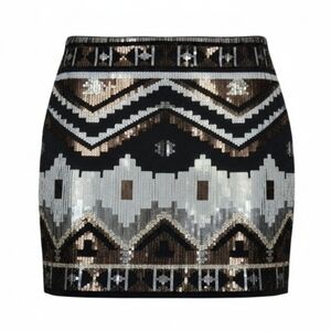 Express Black and White Sequin Metallic Aztec Tribal Stretchy Mini Skirt M NWT